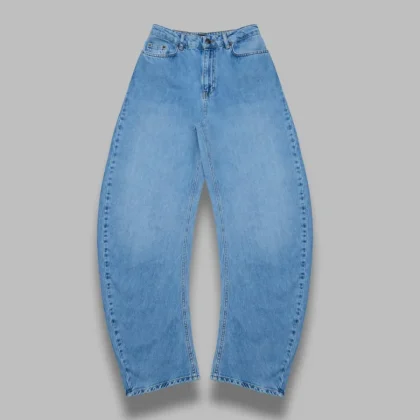 draped barrel leg jeans